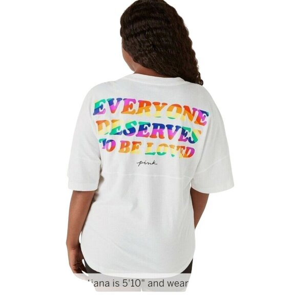 PINK Victoria's Secret Tops - PINK Victoria's Secret Varsity Crew Pride Rainbow Tee Shirt Size L NEW Oversized